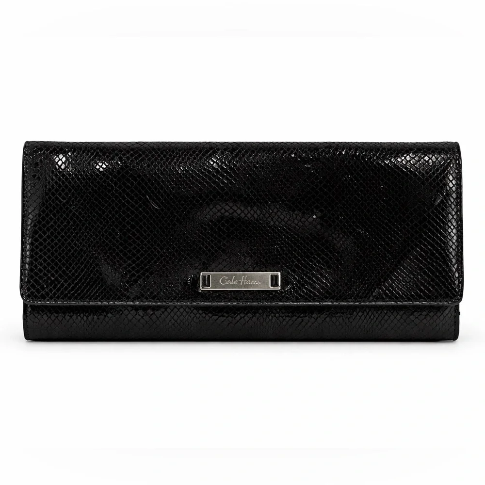 Cole Haan Black Snakeskin Leather Wallet Clutch Continental